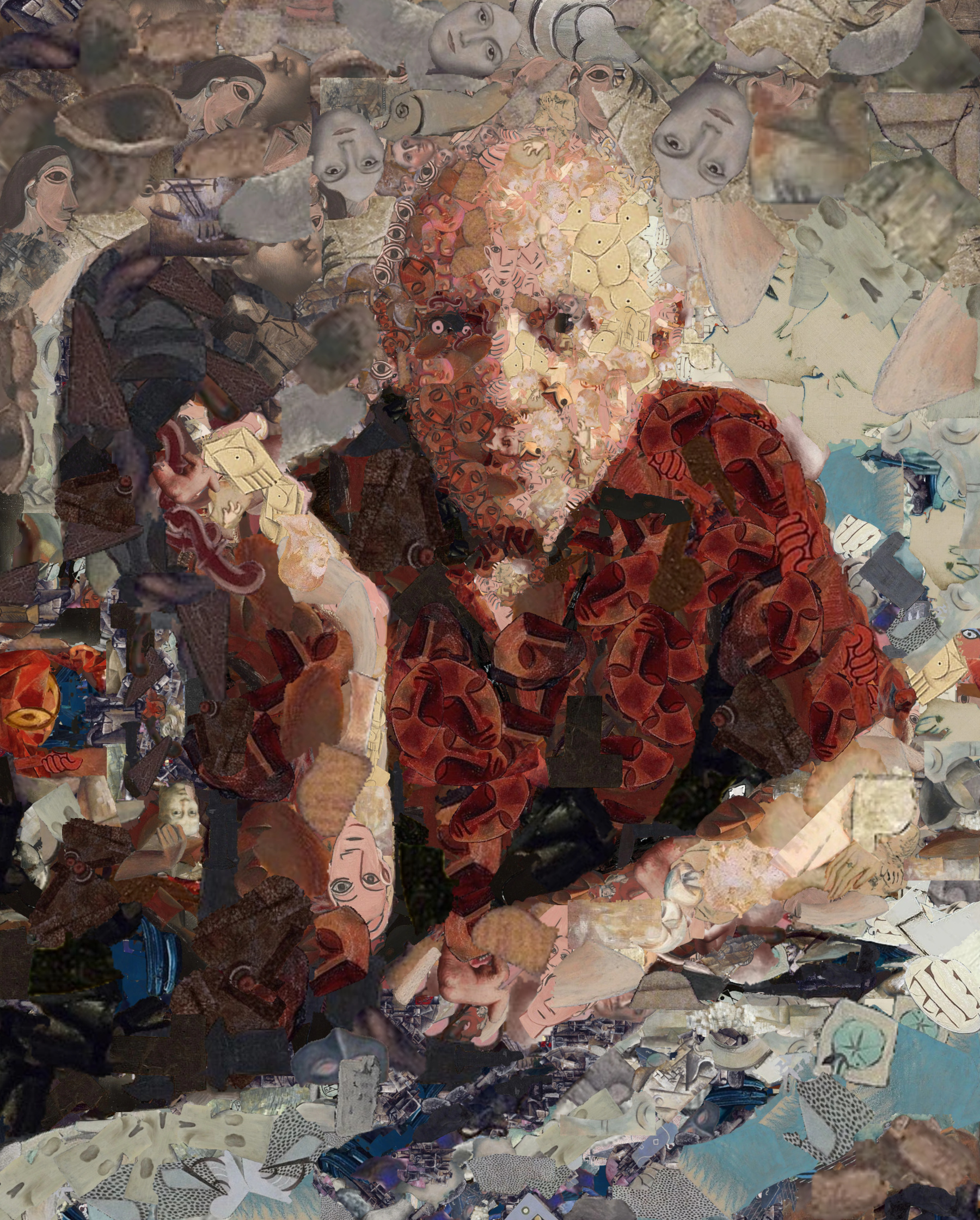 A portrait assembled from eyes, faces, hands and other fragments of Picasso’s paintings.