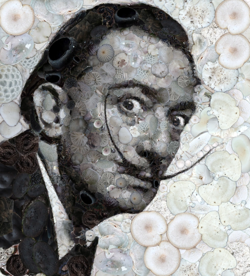 Salvador Dalí’s face and curling mustache assembled from pale and dark mushrooms in their natural colors.