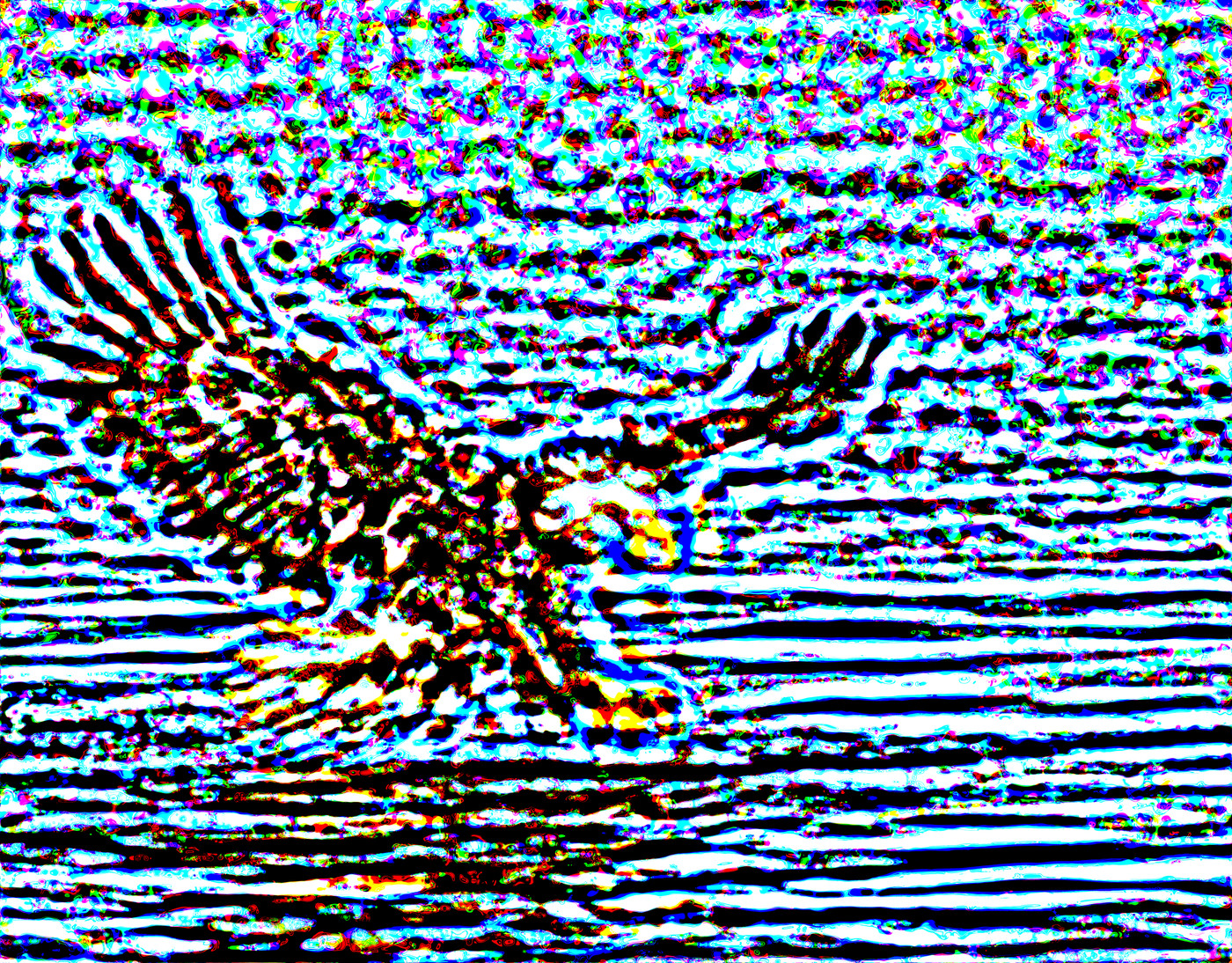 Swirling colored marks resolve into a bald eagle swooping to the water, talons forward under optical defocus.