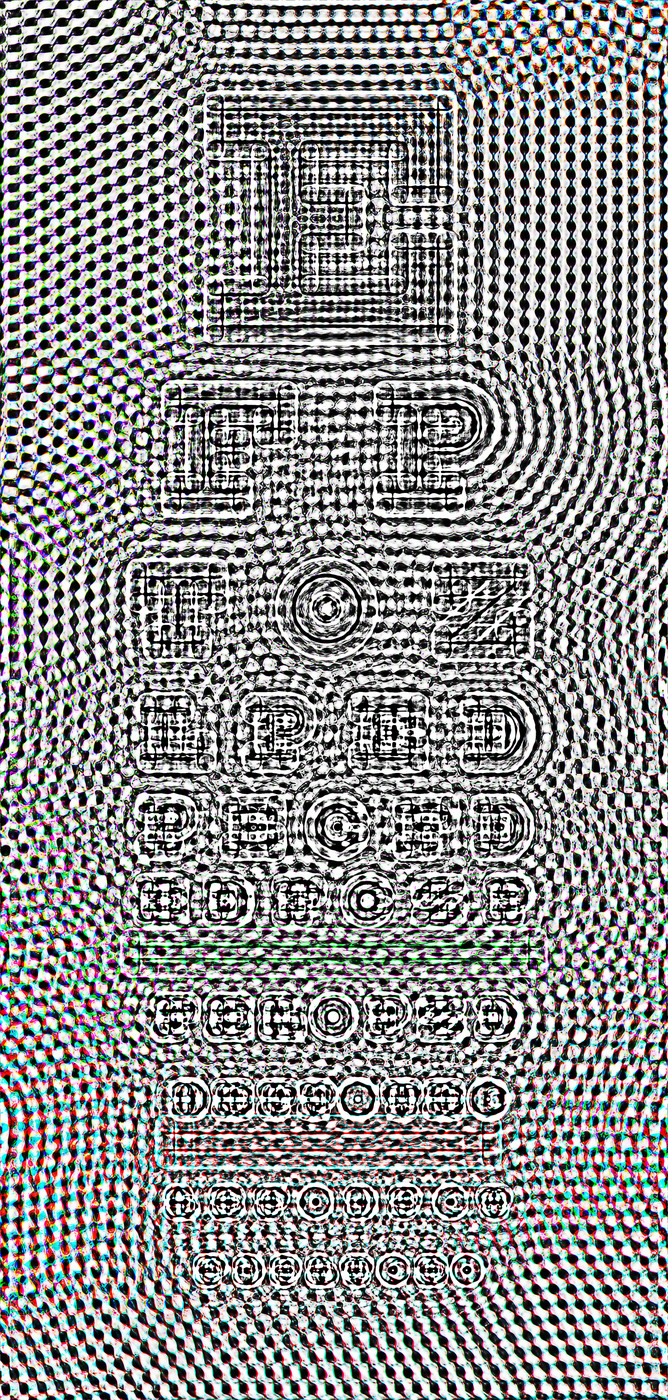An eye chart reverses the familiar logic of vision testing: patterned letterforms resolve through optical blur..