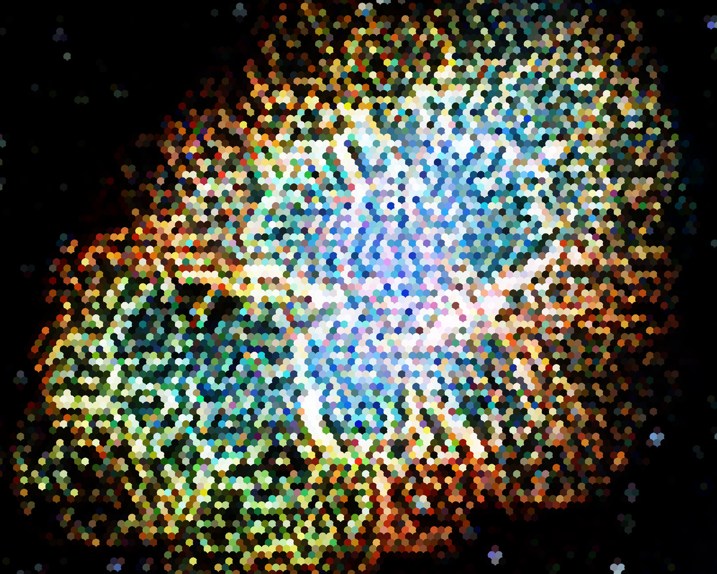 A field of colored hexagonal cells forming the Crab Nebula.