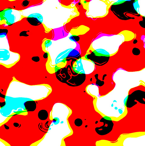 Enlarged, unblurred surface detail of Fly Agaric, showing individual colors.