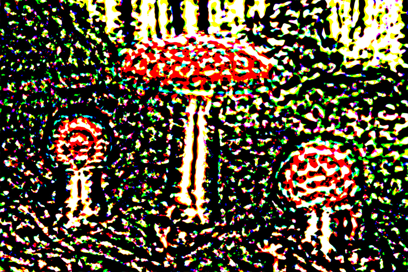 Swirling colored marks resolve into three red-capped fly agaric mushrooms on a forest floor under optical defocus.