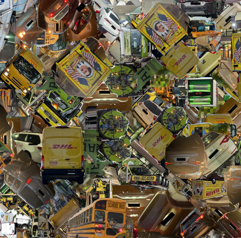 Detail showing individual vehicles parked in bike lanes within the Harvard Square collage.
