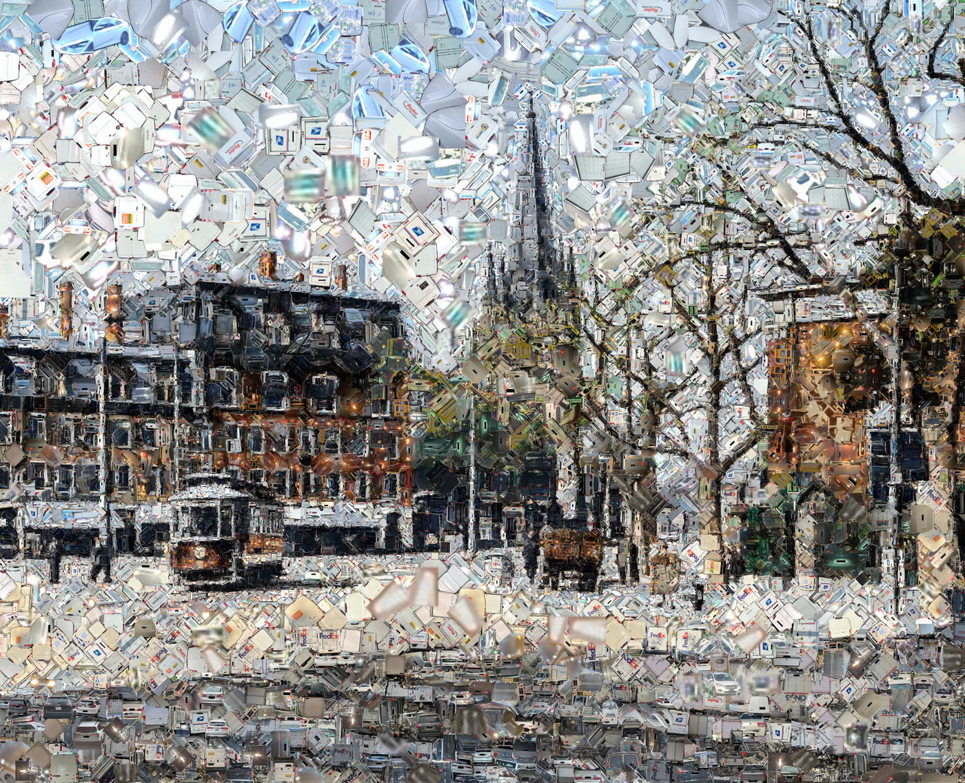 Harvard Square with pedestrians, a carriage, and a streetcar, assembled from photographs of vehicles parked in bike lanes.