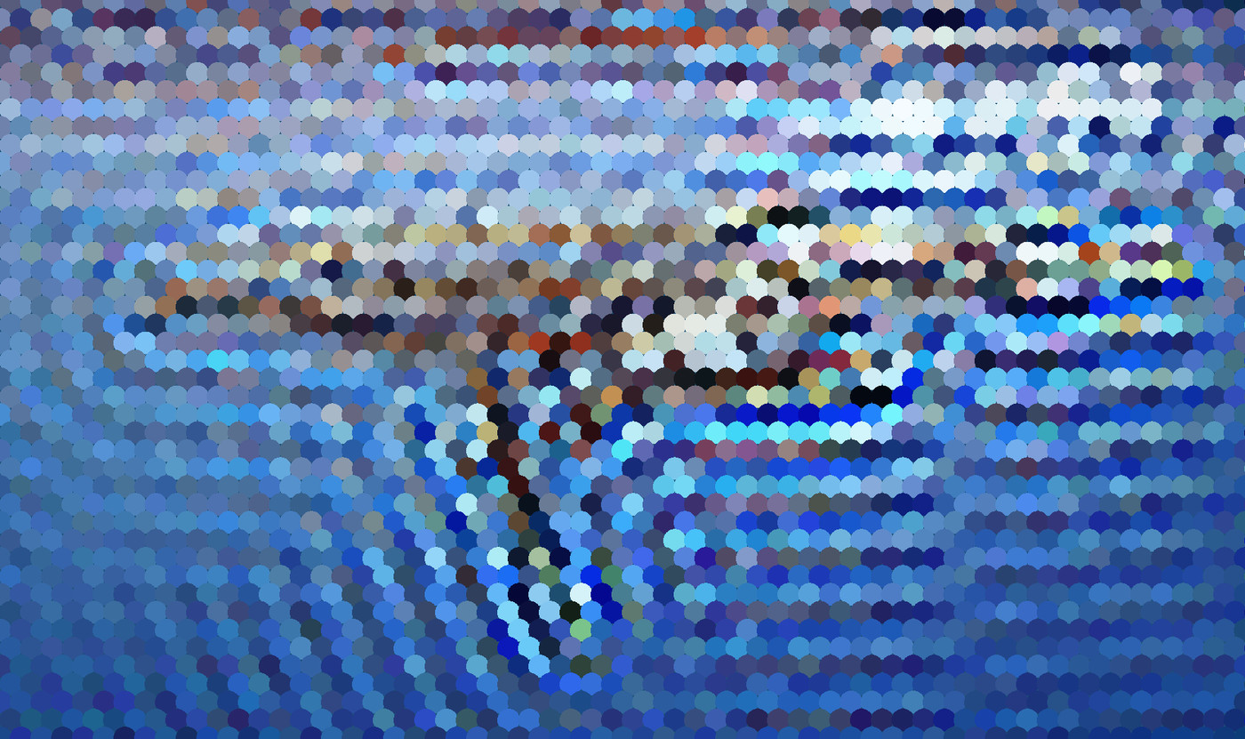 A mosaic of colored marks reveals humpback calf through optical blur.