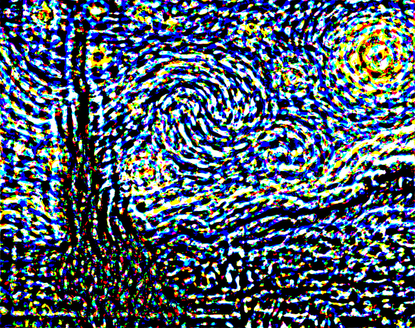 Colored contours gather into van Gogh’s village and swirling night sky under optical defocus..