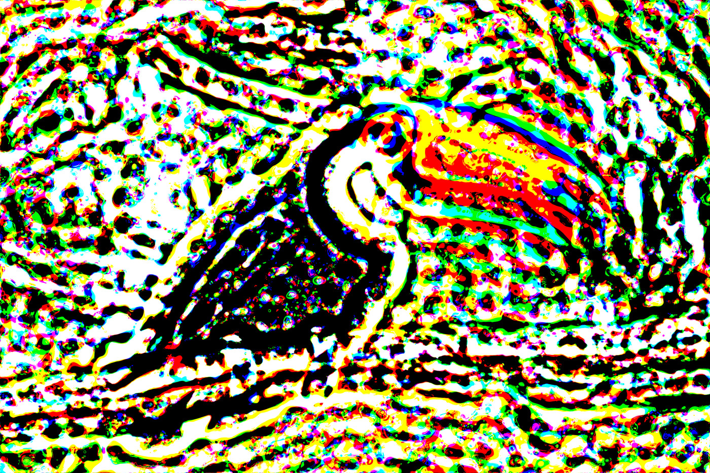 Swirling colored marks resolve into a toco toucan and its bright orange bill under optical defocus.