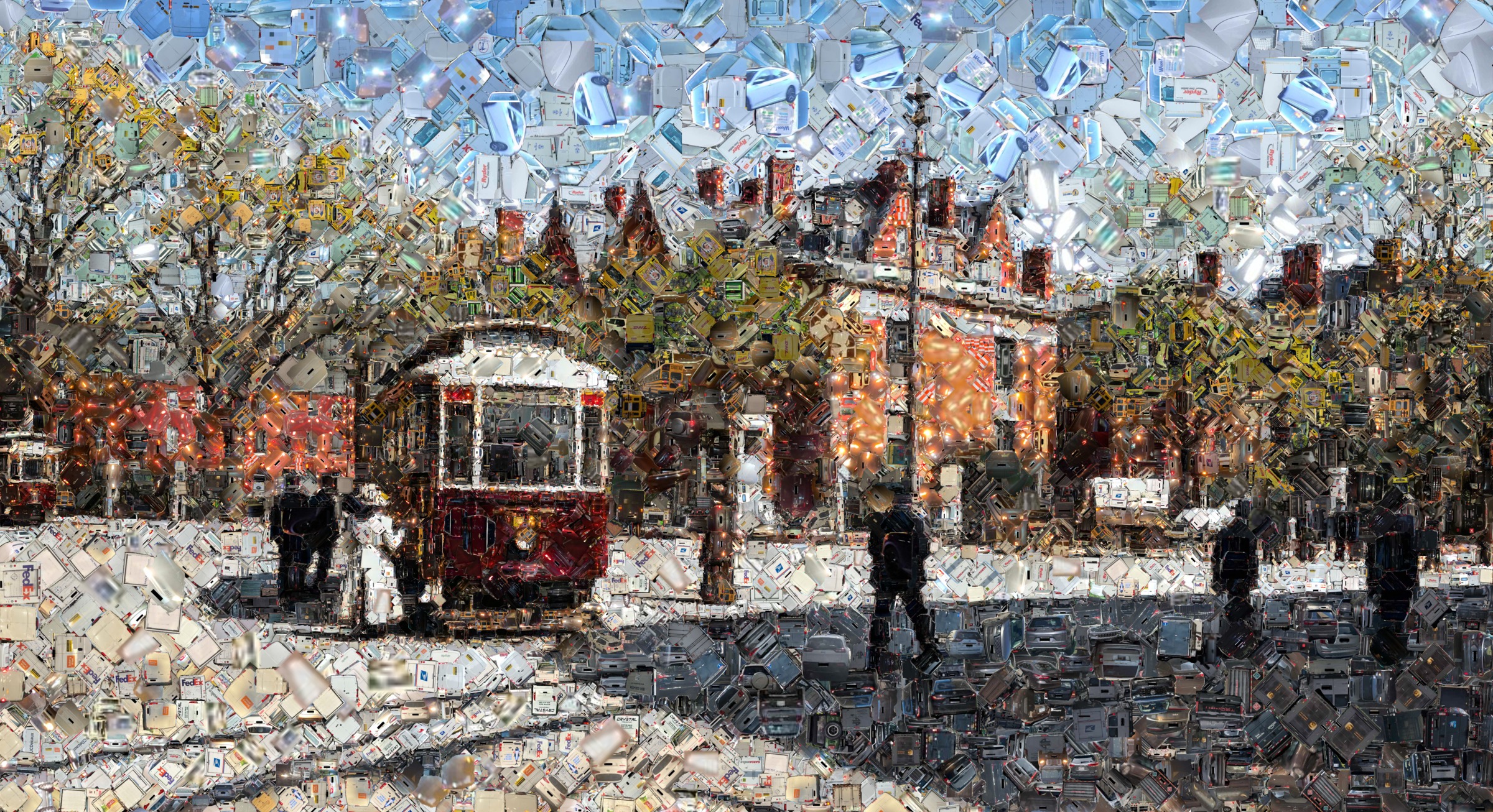 Historic Harvard Square assembled from photographs of vehicles parked in bike lanes.